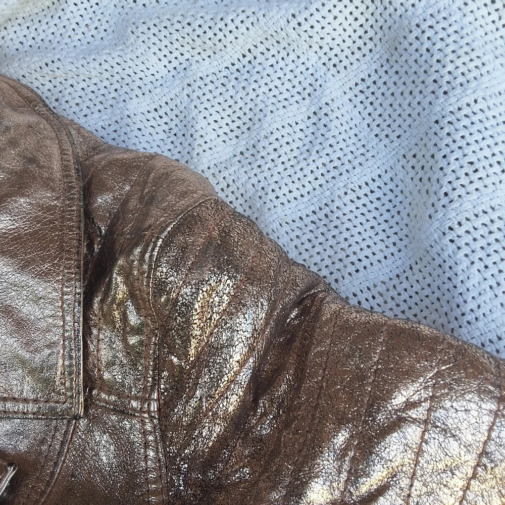 River Island Distressed Rose/ Gold leather bomber jacket S UK8 - Picture 12 of 16